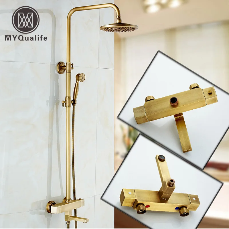 

Luxury Thermostatic Mixer Valve Bath Shower Faucet Wall Mounted Dual Handle 8" Rain Shower Mixers Rotate Bath Taps