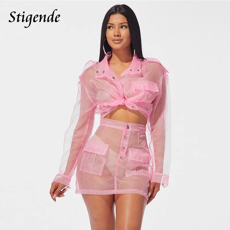 

Stigende Sexy Transparent Mesh 2 Piece Set Clubwear Women See Through Crop Top and Skirt Set New Autumn Two Piece Party Dresses