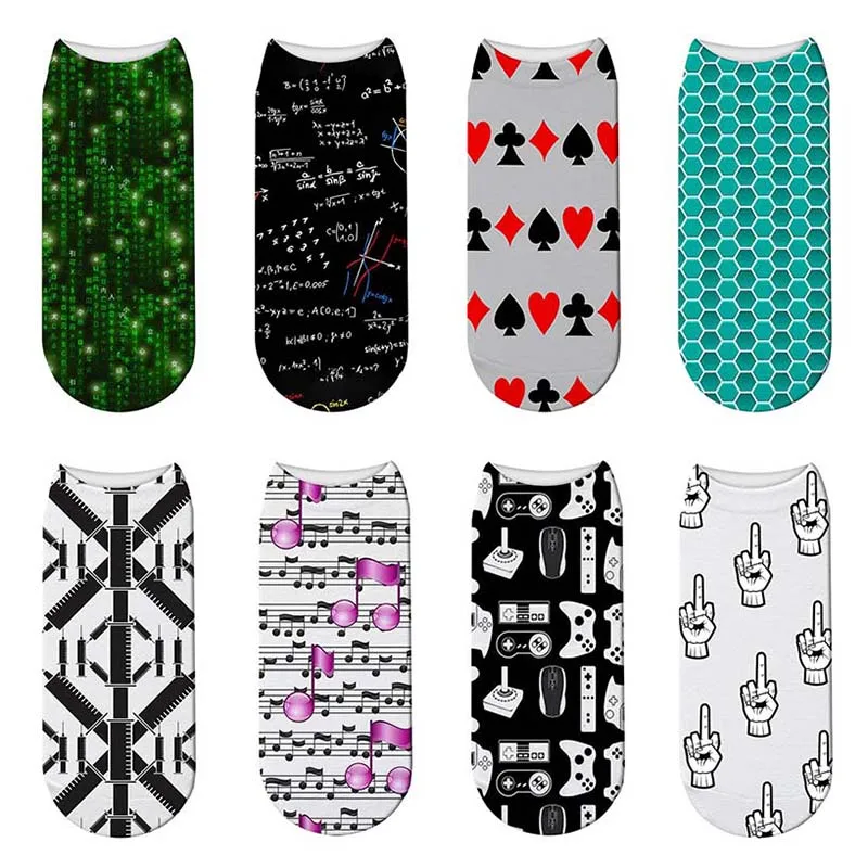 

New 3D Printing Women Binary Code Socks Women Poker Card Music Pattern Socks Meias Feminina Funny Game Low Ankle Socks