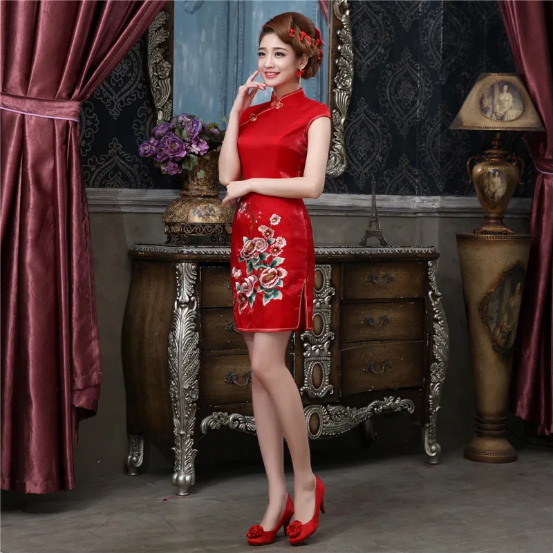 1 шт./лот для женщин короткий тонкий в винтажном стиле cheongsam дамасской двойной с цветами на бретельках с вышивкой, на молнии; платье Ципао в китайском стиле - Цвет: red