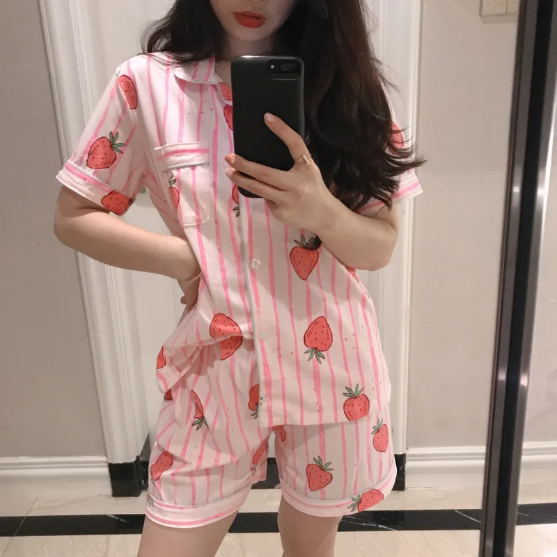 

Women pajamas V-neck suit 100% striped strawberry print shirt shorts 2Pcs Pyjamas ladies casual home clothing summer new style