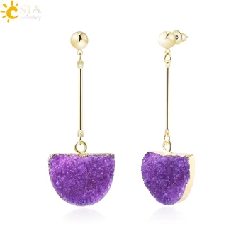 

CSJA Natural Druzy Stud Earrings Semicircle Quartz Crystal Stone Gold Color Pendant Earring for Women Fashion Jewelry Gifts F773