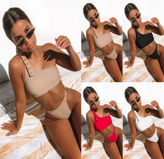 

Sexy One Shoulder Bikini Push Up Buckle Swimsuits For Women Bathing Suits Two-pieces Swimwear 2019 Female Swim Suit