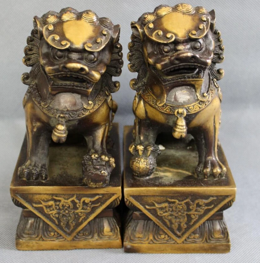 

S3186 Chinese Bronze FengShui Foo Fu Dog Wealth Foo Fu Dog Men Lion Ball Statue Pair D0318