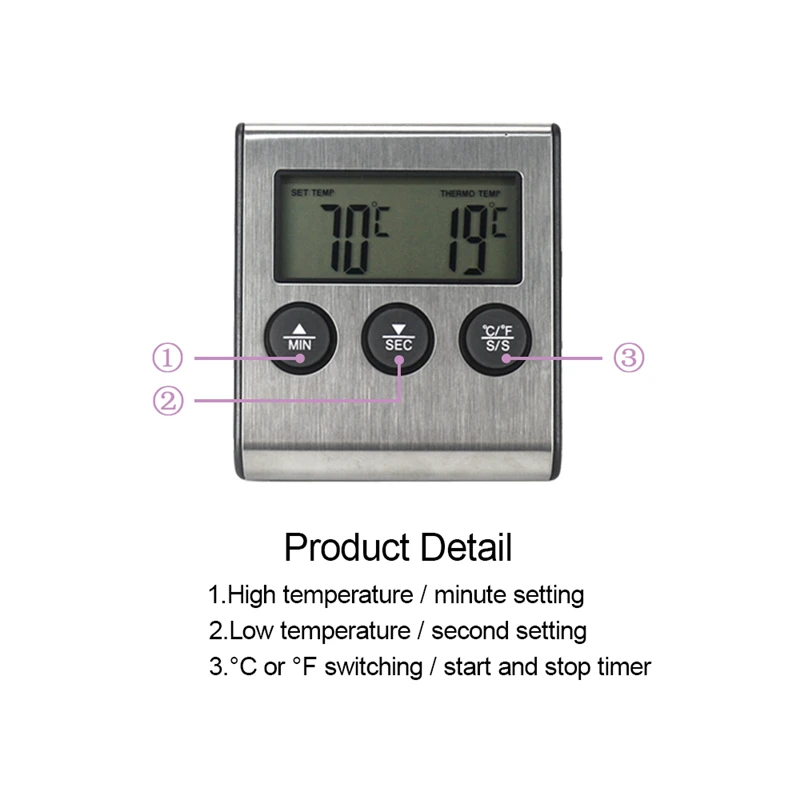 Цифровой термометр для приготовления пищи, барбекю, пекарь, измеритель температуры 0-250C с температурным зондом, часы, таймер, функция будильника
