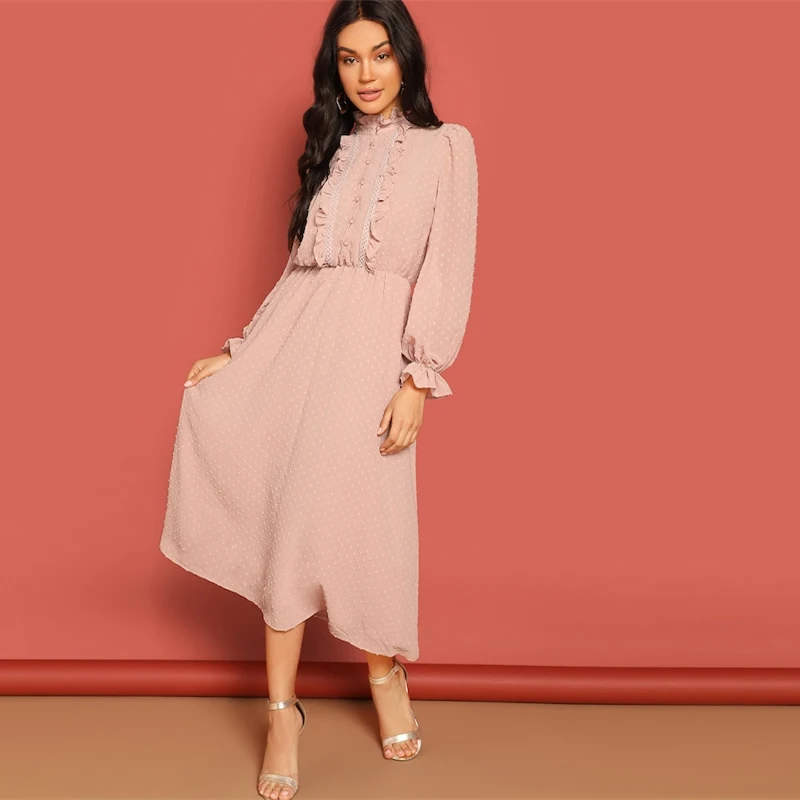 SHEIN Frill and Lace Trim Half Placket Dot Jacquard Long Dress Stand Collar Midi Dress Women Long Sleeve A Line Elegant Dress