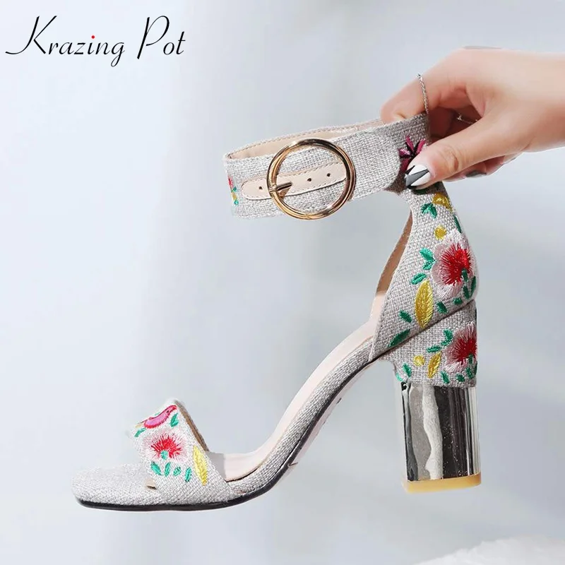 

Krazing pot superstar denim round buckle decorations women super high heels oriental embroidery big size platform sandals L31