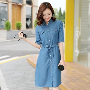 

Summer Fashion Womens Turn Down Collar Short Sleeve Cardigan Denim Dress , Slim Female Woman Pockets Button Jeans Dresses