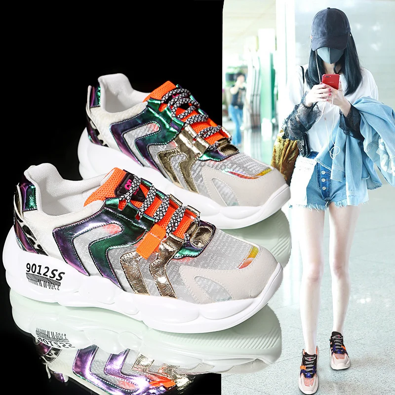 

2019 Spring/Summer New Women Chunky Sneakers Harajuku Casual Dad Shoes Breathable Mesh Platform Sneakers Students Sports Shoes