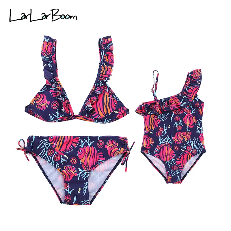 

LarLarBoom Mother Daughter Matching Swimsuit 2019 New Fashion Tropical Fish and Seaweed Pattern Ruffles Swimwear Family Clothes