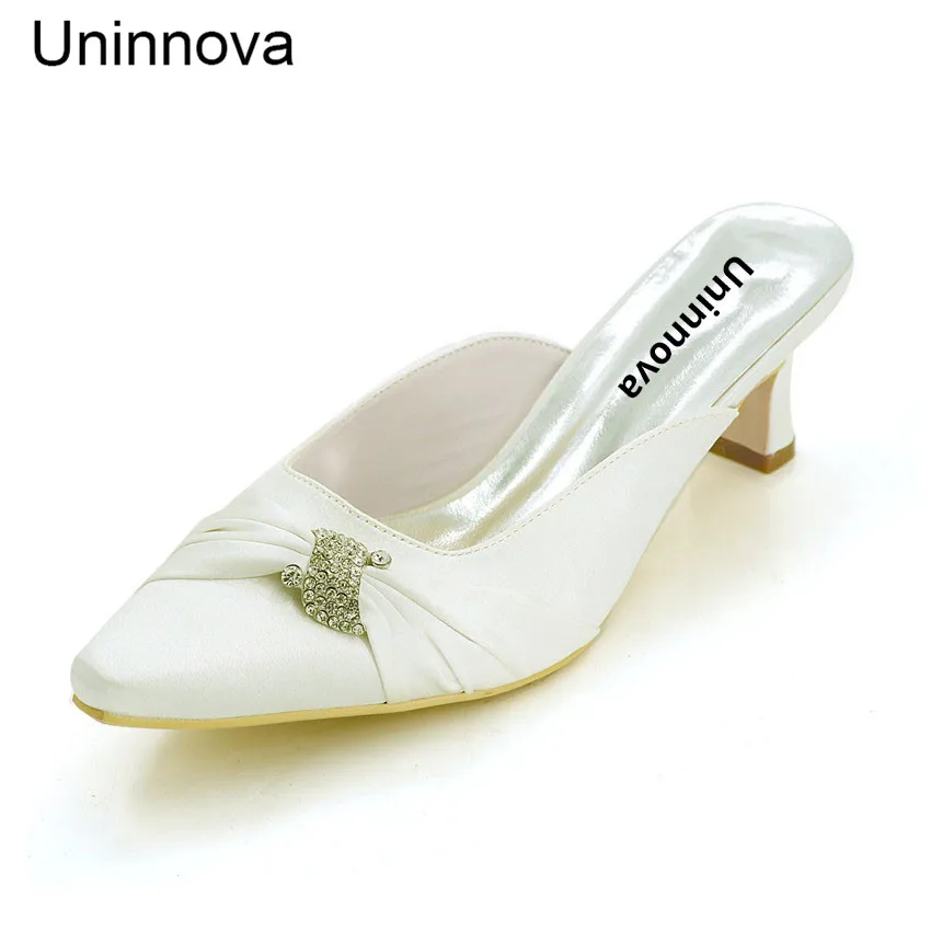 

Women Wedding Shoes Ivory White Crystal Bridal Bridesmaid Pumps Pointed Toe Pleated Hoof Heel Slipper Indoor Uninnova 0723-15B
