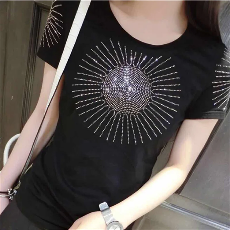 

Hot Diamond T-Shirts Poleras De Mujer Moda 2019 Summer New woman Short Sleeve Rhinestone tshirt Women Tops plus size xxxl