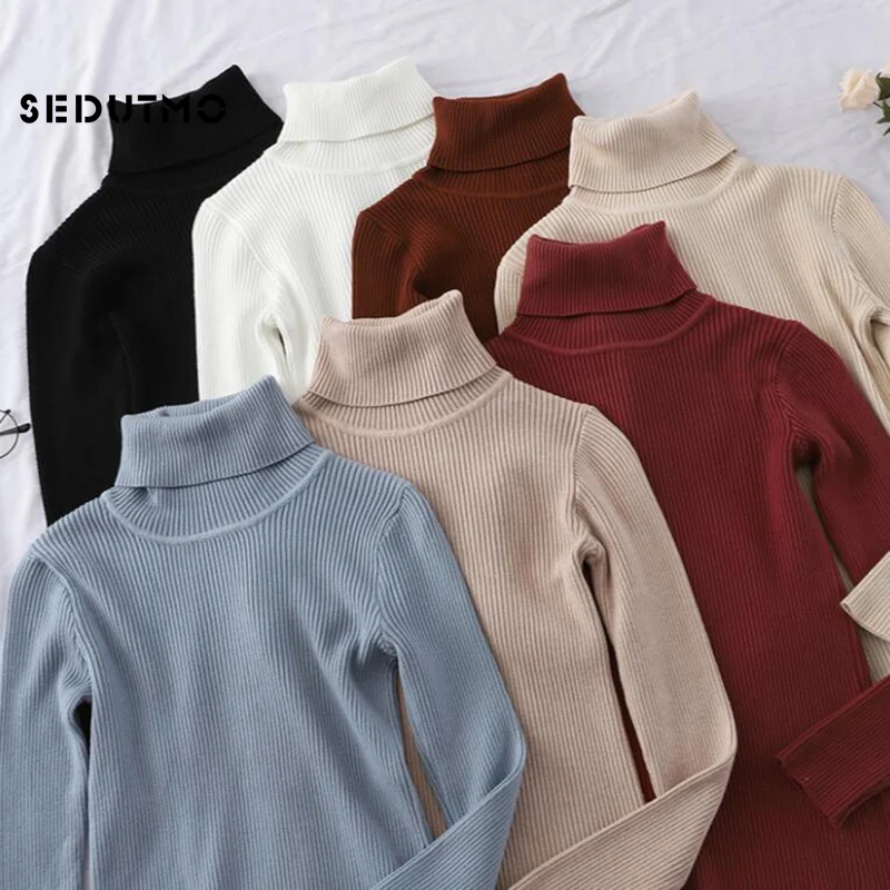 

SEDUTMO Winter Knitted Women Sweater Pullovers Turtleneck Warm Autumn Slim Elastic Sweaters Long Sleeve Jumper Black Top ED634