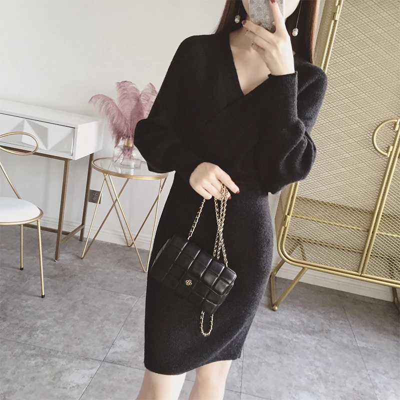Più Puro Maglia Nuova Collo Natiche Abiti Colore Vestito V brown Blocco Manicotto Nero grigio blu Inverno Vendita grey Formato Donne Festa Collare De Calda Di Del borgogna Delle Vestido arancione Dell'esercito 2018 Il Vadim Scuro verde PqaX17B