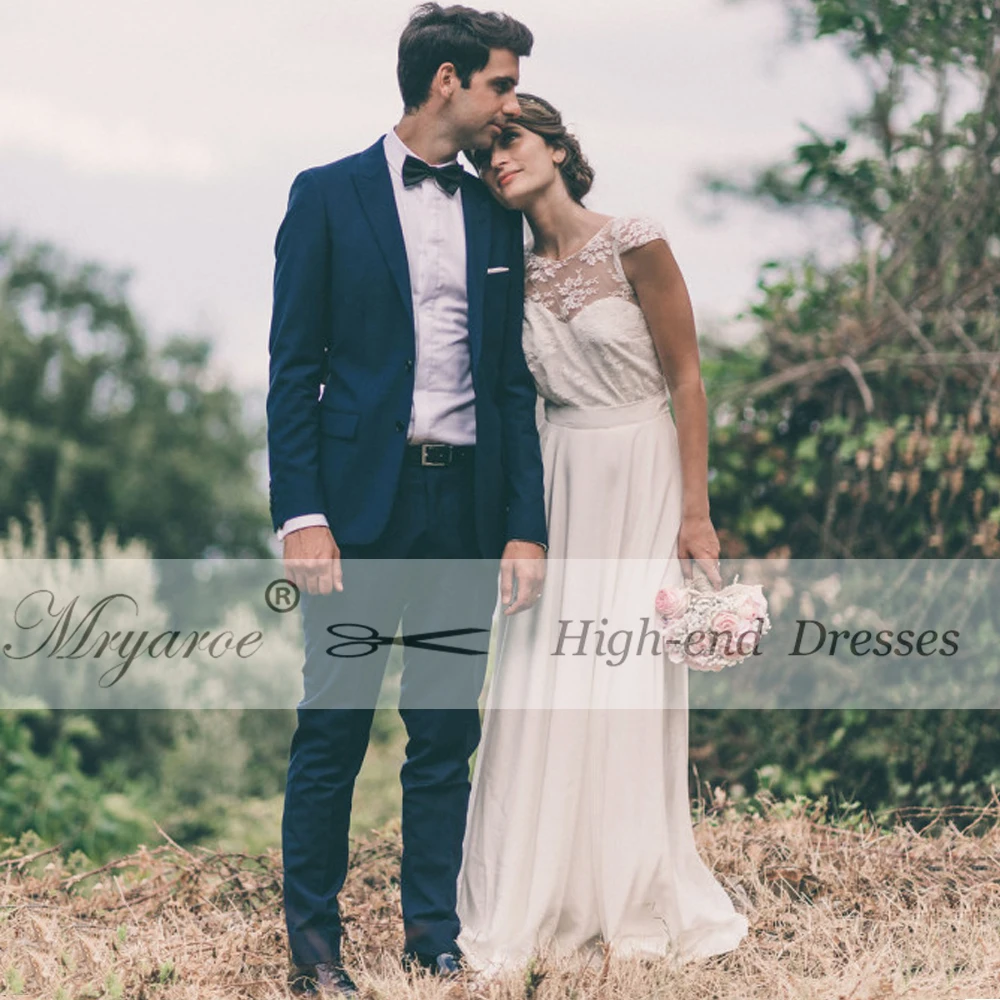 Mryarce Rustic Wedding Dress Scoop Lace Short Sleeves Chiffon A Line Open Back Bridal Gowns robe de mariee  (1)