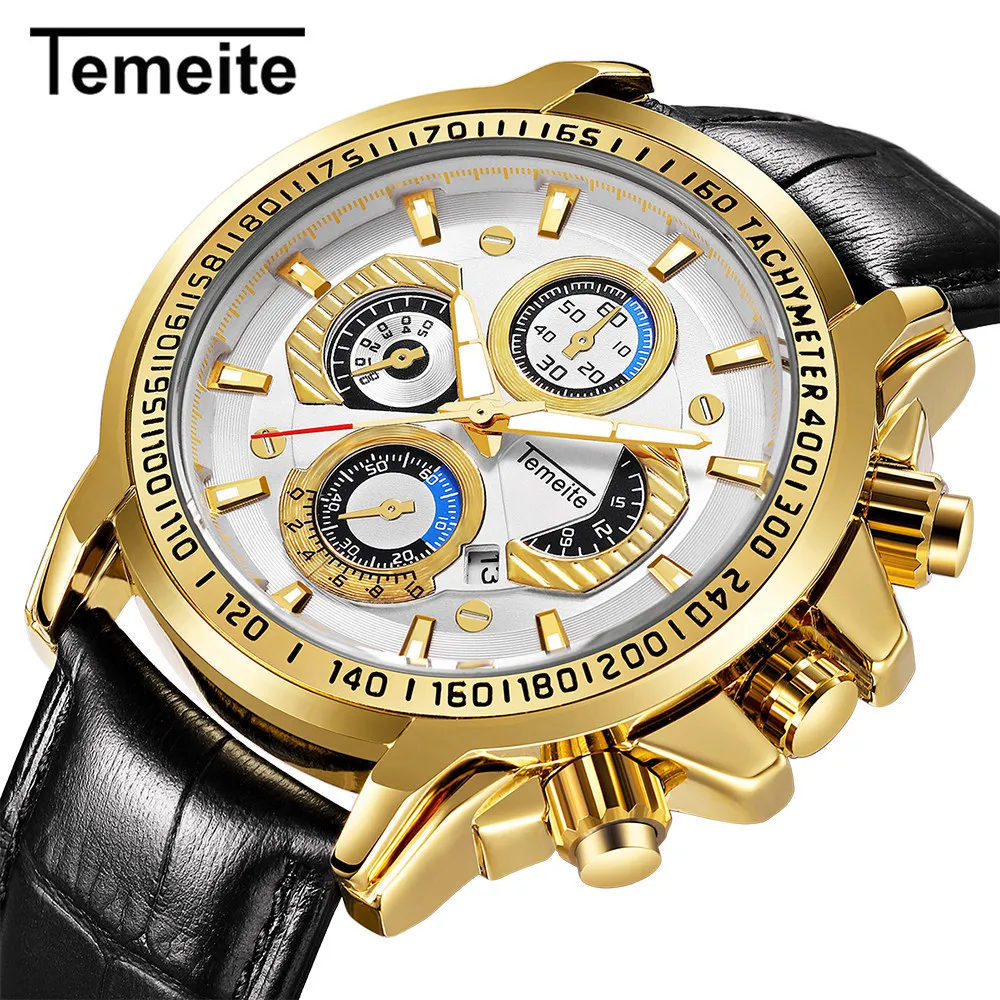 

Top Brand Mens Big Unique Design Quartz Watches Luxury Golden Leather Wristwatch Waterproof Calendar Male clock Relogio TEMEITE