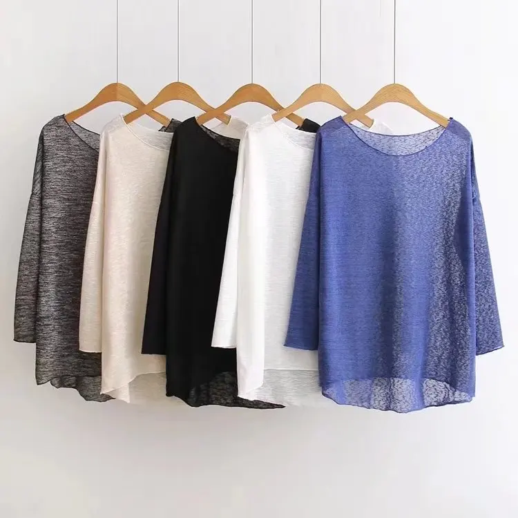 

2019 Summer Sexy Thin Tee Shirts Woman Solid O Neck Loose Casual Tops Femme Tranparent Beach Tee Shirts