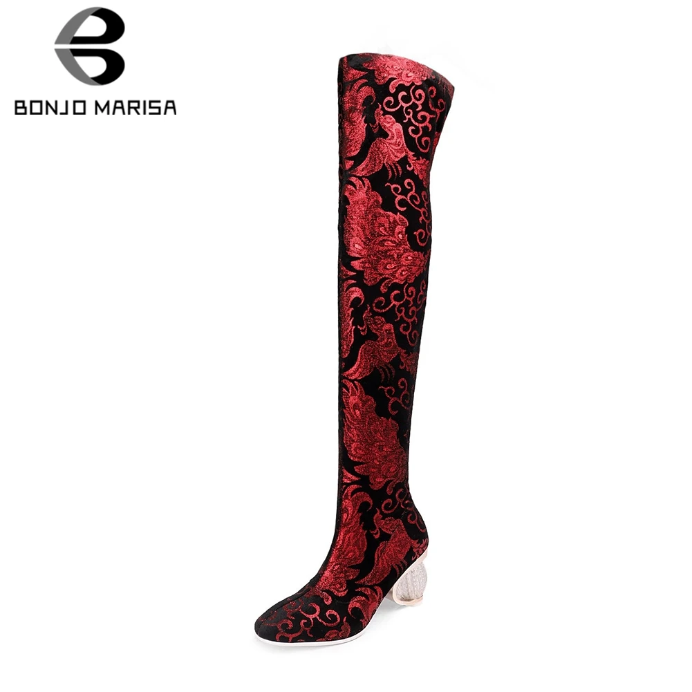 

BONJOMARISA New Fashion Big Size 33-43 Ladies Print Shoes Woman Casual Pary Office Autumn Spring Over The Knee Boots