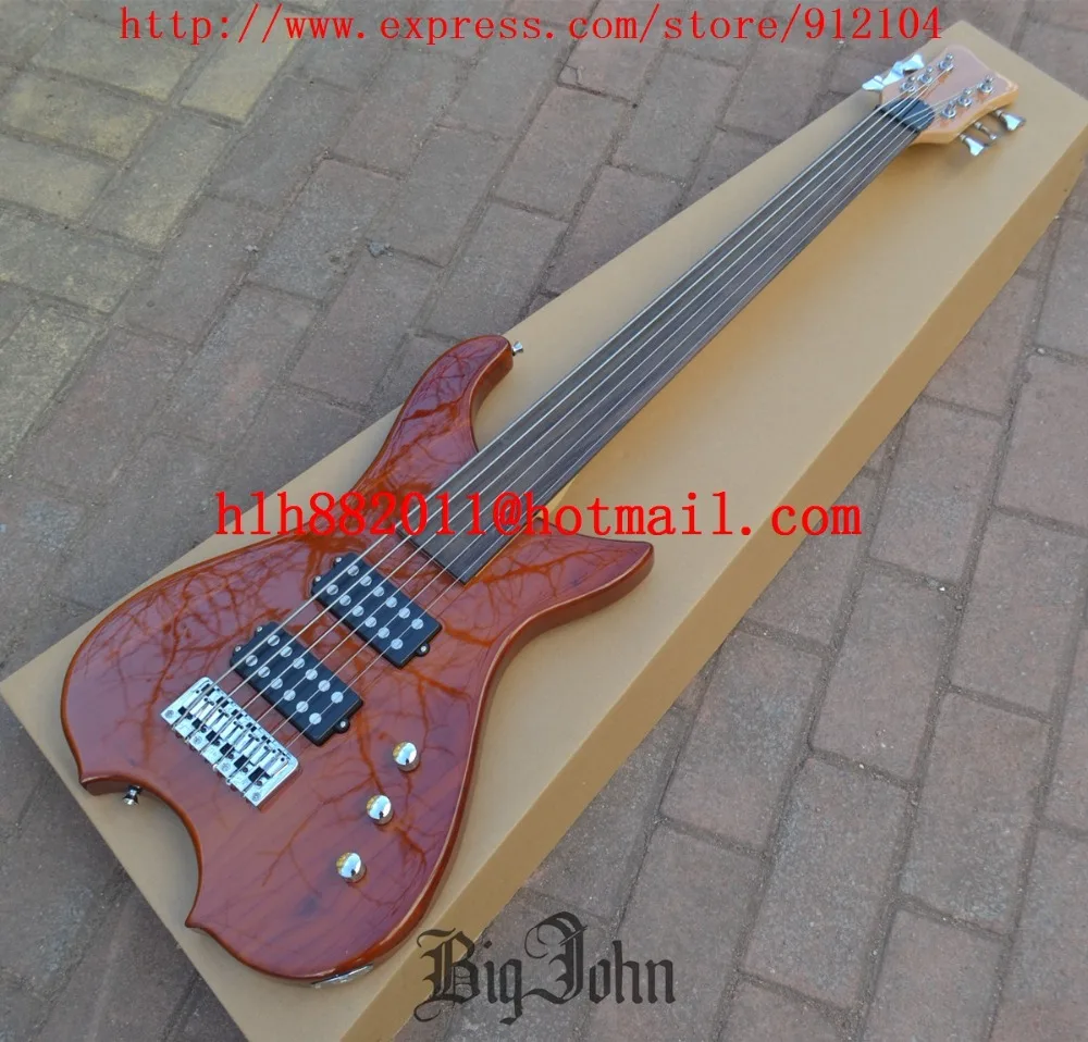 Большой Джон 6 Строки fretless электрическая бас-гитара в естественных с зебры дерева тела и пассивный пикап F-3312