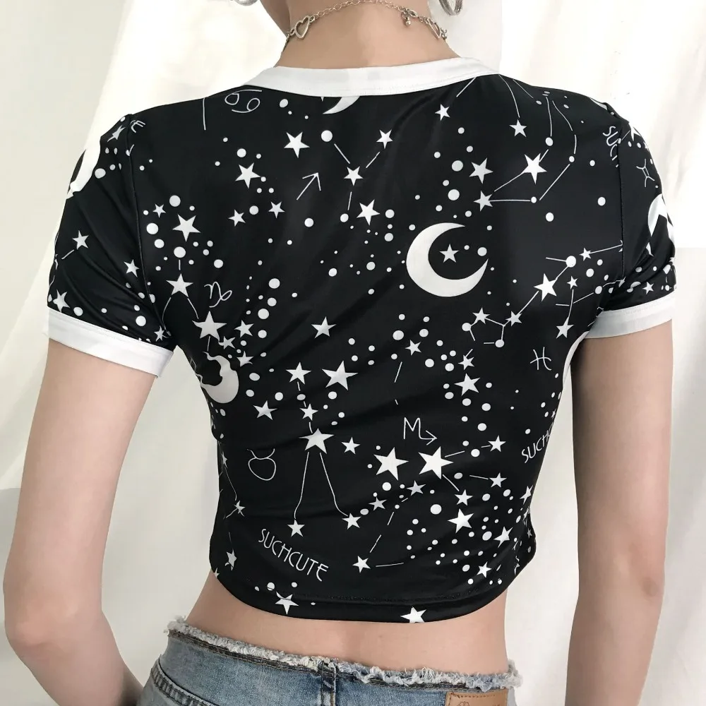 Женская готическая футболка с принтом звезд Harajuku Kawaii Сетчатая Tumblr летний