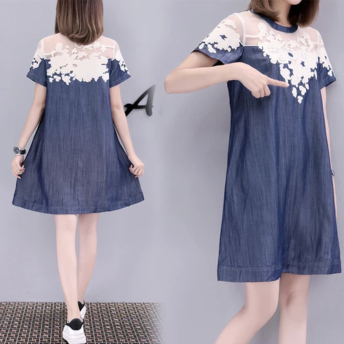 New Lace Patchwork Embroidery Denim Dresses Summer Women Half Sleeves Loose A Line Jeans Dresses Plus Sizes Casual Dresses Robe