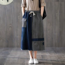 Осенний винтажный Ретро этнический, хиппи цыганский Бохо-стиль Harajuku Эластичный пояс полосатый лоскутный карман женский джинсовый, синие джинсы хлопковая юбка