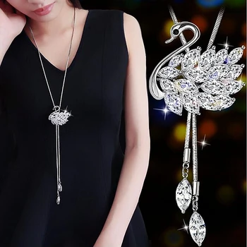 

Crystal Swan Luxury Women Necklace Fashion Chain Long Necklaces & Pendants Maxi Tassel Choker Statement Jewelry DIY Gift