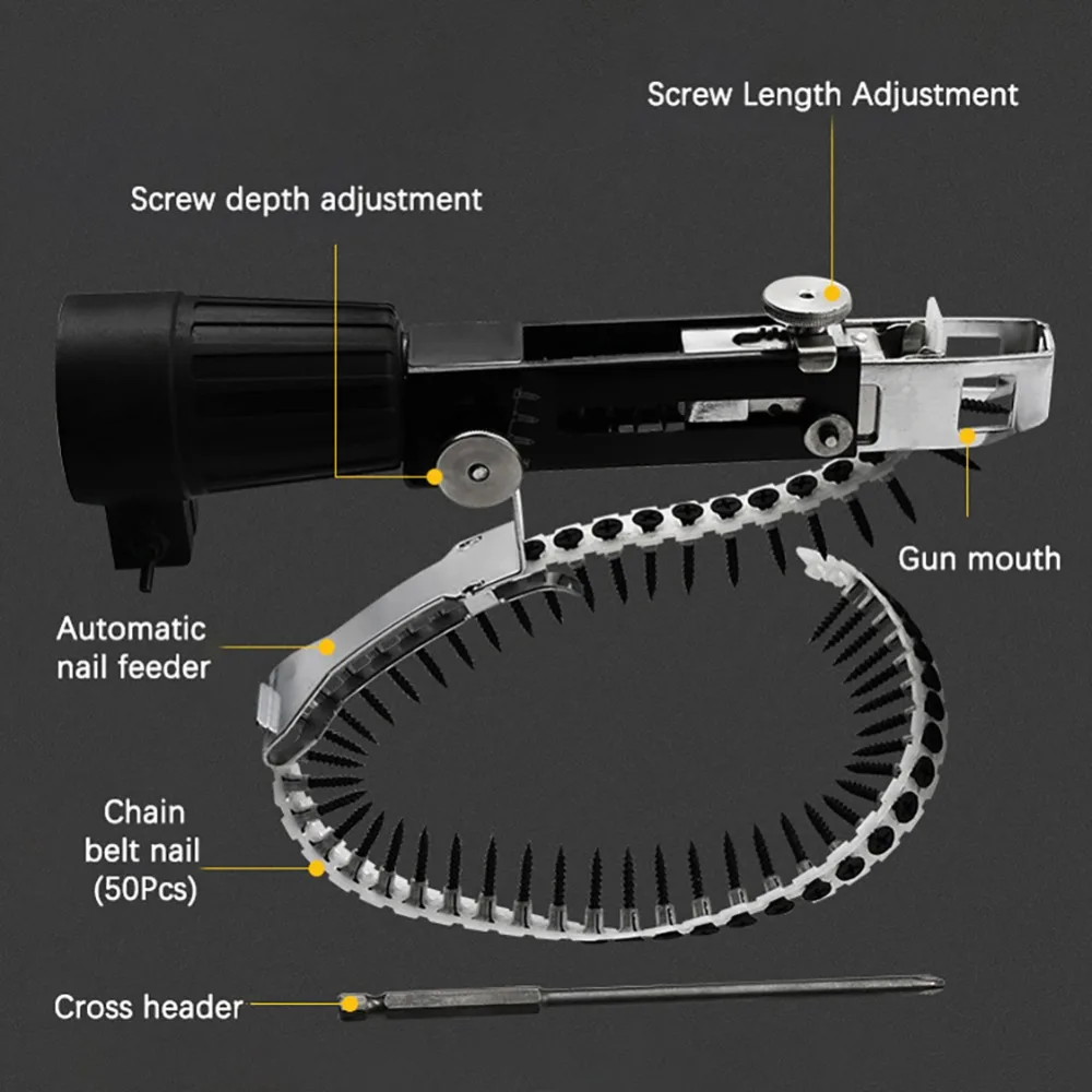 Электрическая дрель Деревообработка цепочки для инструментов гвоздь пистолет адаптер автоматический винт шип Электрический автоматический цепной ремень гвоздь-шуруп винтовой пистолет