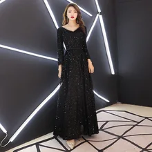 Черный A Line v-образным вырезом Формальные Вечерние платья длинное вечернее платье с длинным рукавом со стразами Вечерние платья Abiti Da Cerimonia Da Sera