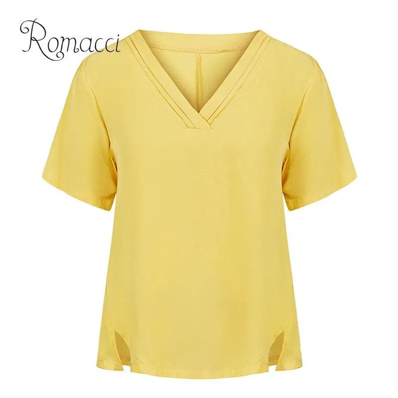 

Romacci Women Plus Size Blouse Solid Color V Neckline Pleated Short Sleeve Summer Top 2019 Side Splits Vintage Loose ladies Tops