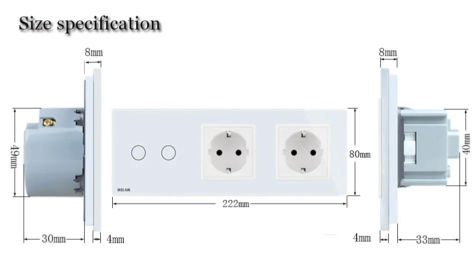 Welaik бренд 3 Рамки Кристалл Стекло Панель настенный выключатель ЕС сенсорный выключатель розетки 2gang1way AC110~ 250 В a39218e8ecw /b