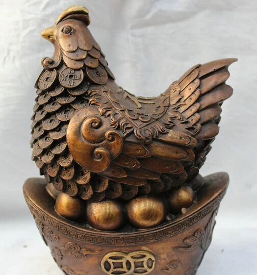 

JP S0524 Chinese Wealth Fengshui Pure Bronze Money Rich Biddy Hen Chook On Yuanbao Statue