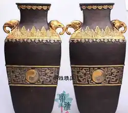 Китай Народная Медь 24 К Золото Позолотить Серебряный Слон Ухо Тай-Чи Горшок Бутылки Ваза Пара