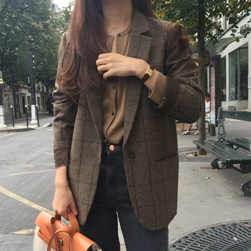 Women Blazer Pockets Button Dark Brown 