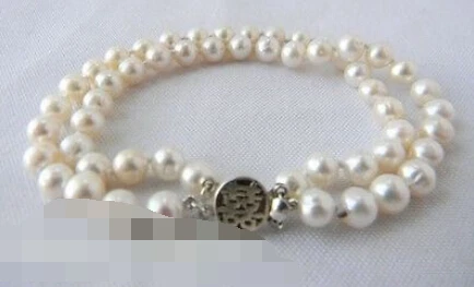 

0726 2Strands 8'' White Round Freshwater Pearl Clasp Bracelet