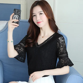 

Summer New Fashion Lace Flare Sleeve Women's Shirt Blusas Temperament Elegant Work Wear Camisa Feminina Hollow V-neck Shirts