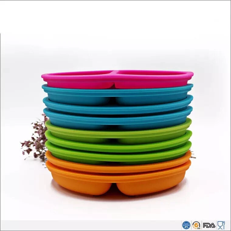 Kids Plates - Toddler Plates - Silicone Plate with Dividers for Baby, Kids & Toddlers - Set of 3 - Microwave Safe Dishes - Teal,