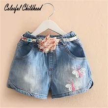 3-10Yrs милые для девочек принцесс джинсовое бабочка короткие шорты с вышивкой+ ремень удобные джинсы детская одежда; сезон лето