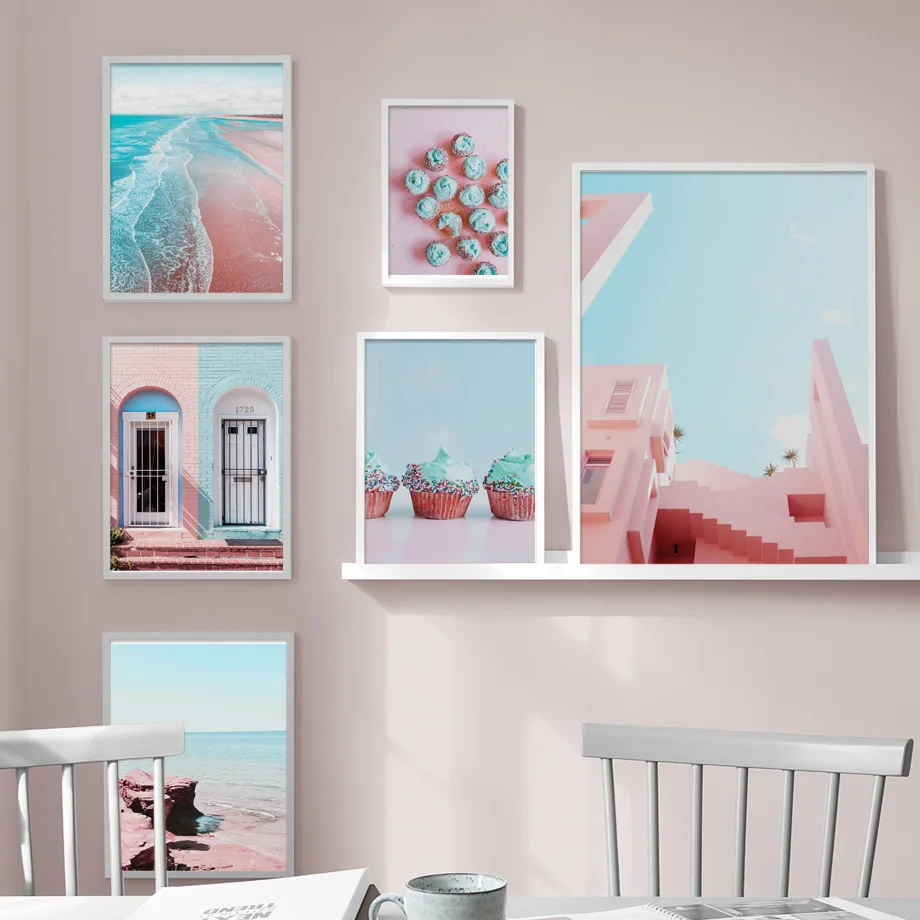 

Pink Sea Beach Door Cake Landscape Wall Art Canvas Painting Nordic Posters And Prints Wall Pictures For Living Room Home Decor