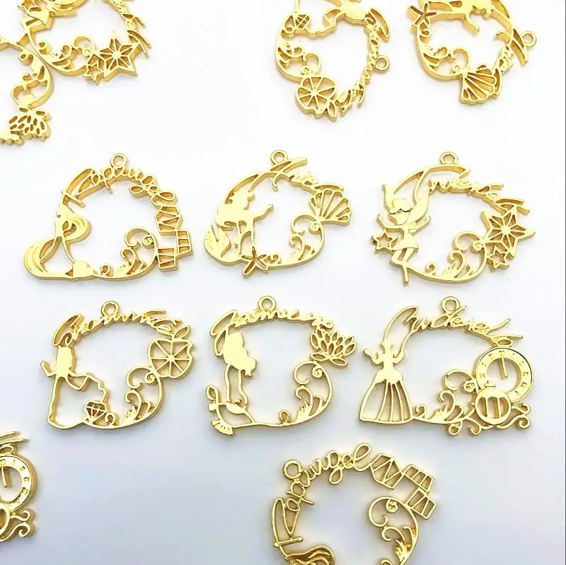 

GLADZGT 5 pcs/lot Angel letters mermaid shape Metal Frame Pendant Gold Charm Bezel Setting Cabochon Setting UV Resin Charm