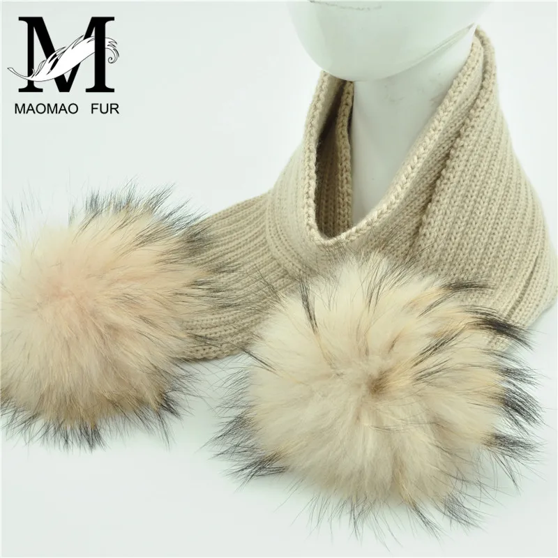 Jaxmonoy Child knitted Wool Scarf Winter Kids Scarves With Detachable Real Raccoon Fur PomPoms Baby Girl Boy Neck Warmer Scarf