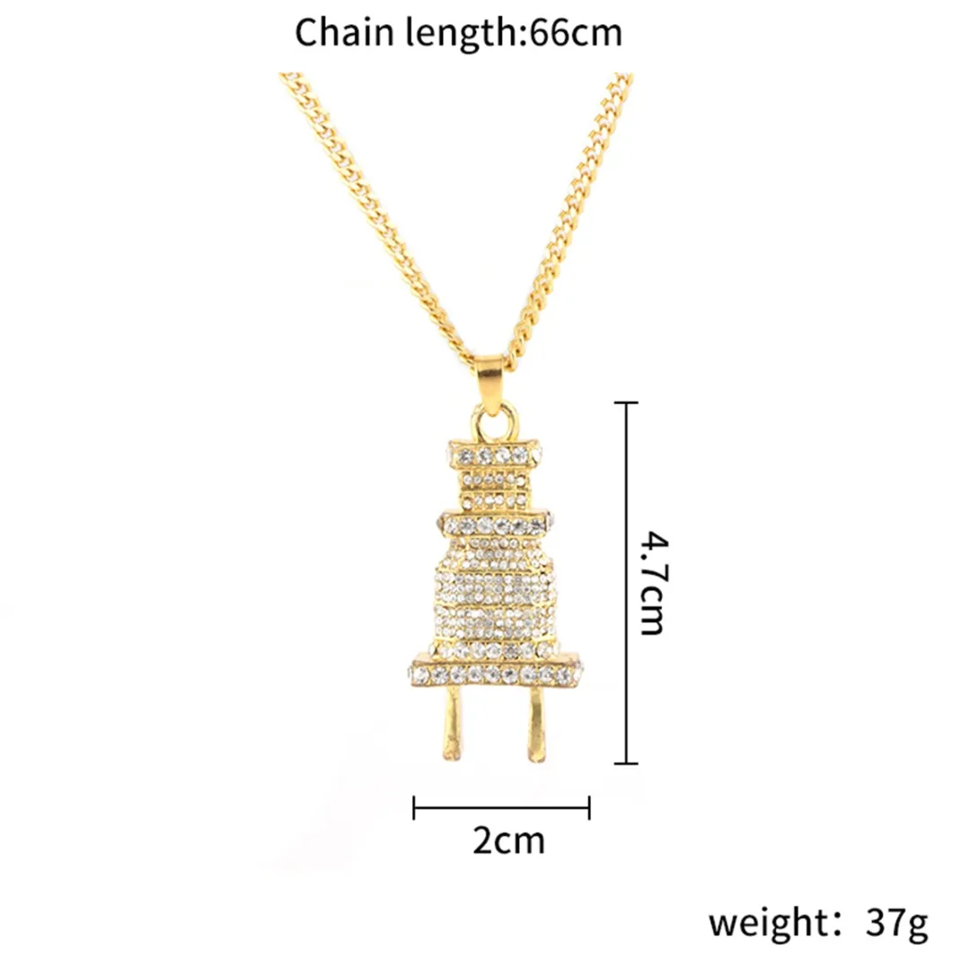 Shellhard Silver Gold Plug Shape Pendant Necklace Men Women Hip Hop Charm Chain collares Iced Out Crystal Jewelry