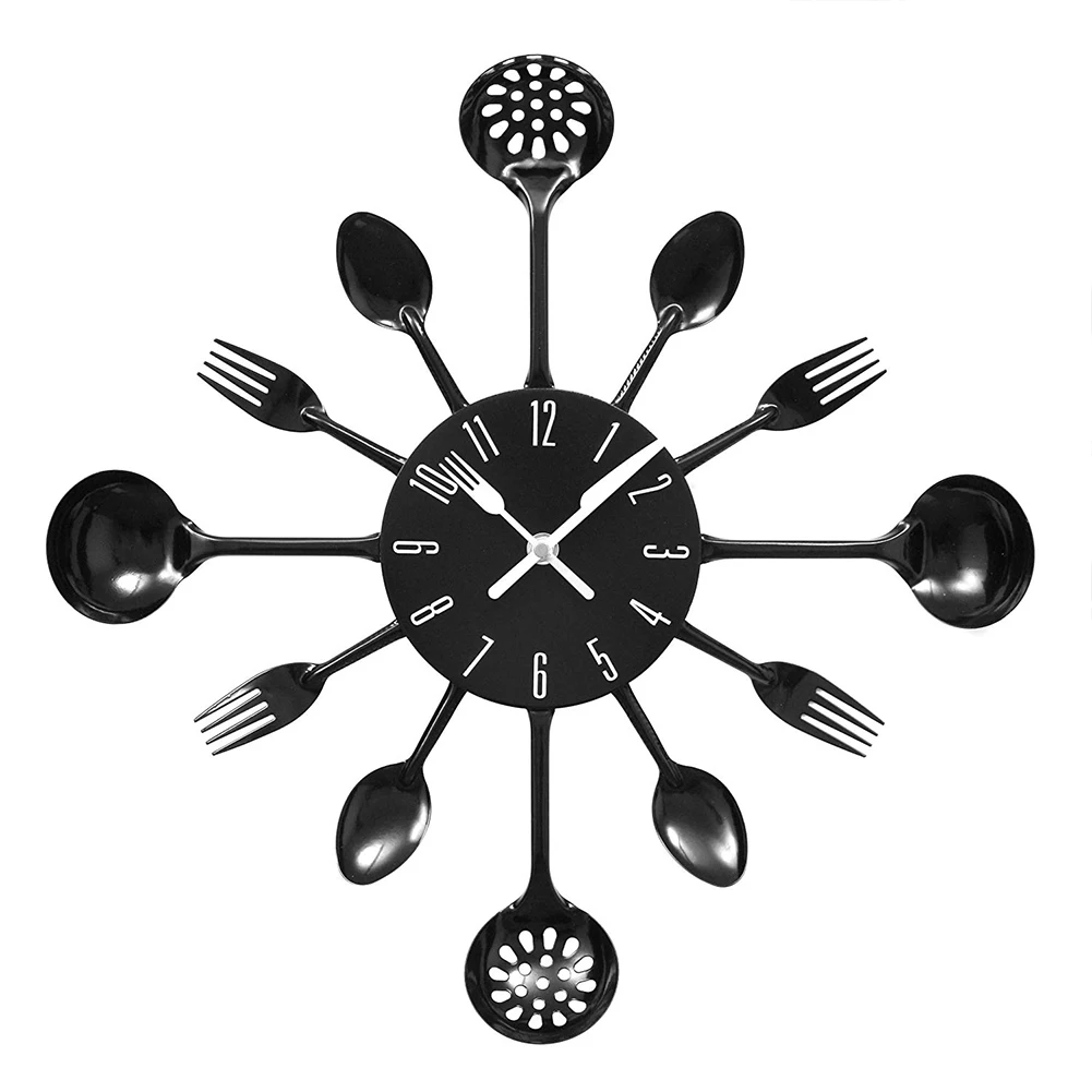 

Home Decor Battery Powered Round Casual Modern Kitchen Stainless Steel Housewares Cutlery Wall Clock Dining Room Durable Quartz