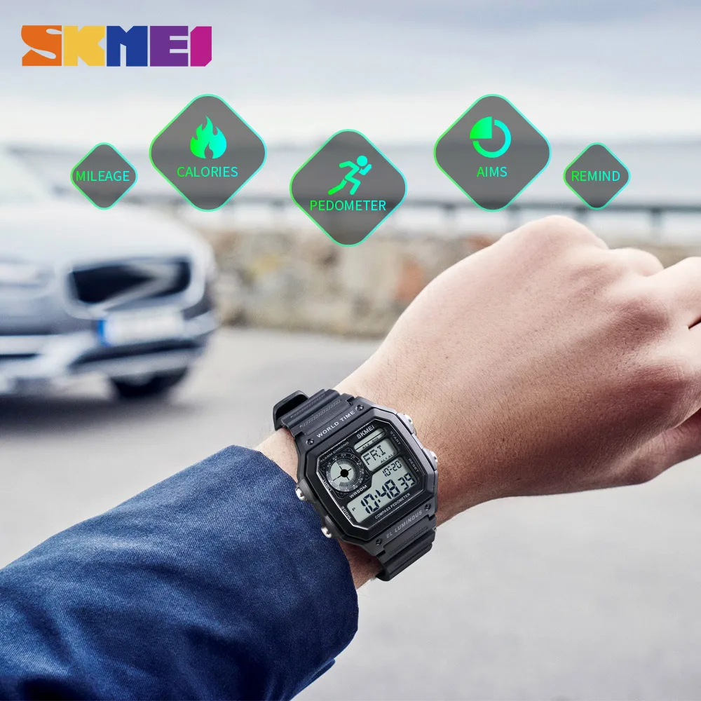 SKMEI أعلى الفاخرة الرياضة ووتش الرجال البوصلة الساعات ساعة تنبيه 5Bar شاشة عرض ليد مضادة للماء ساعة رقمية Relogio Masculino 1373