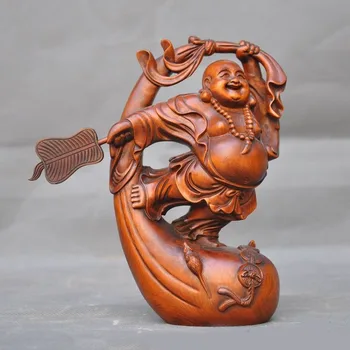

christmas old Chinese Boxwood Hand carved coin mouse purse laughter maitreya Buddha Statue halloween