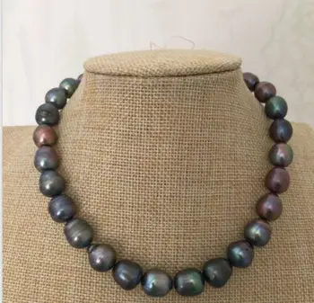 

stunning 12-13mm tahitian black green red pearl necklace 18inch 925silver