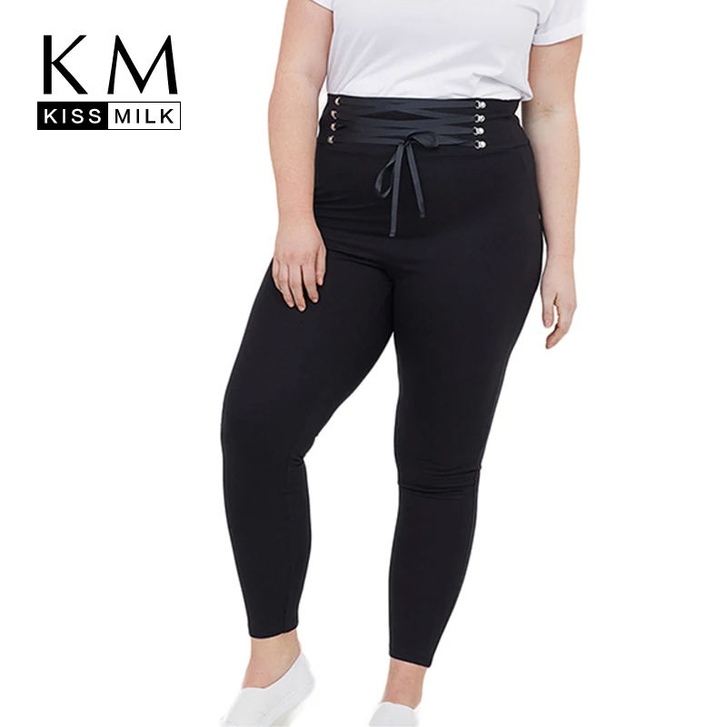 

Kissmilk Plus Size High Waist Cross Strap Solid Color Large Size Elastic Black Pants 2018 Autumn New Women Comfortable Pants