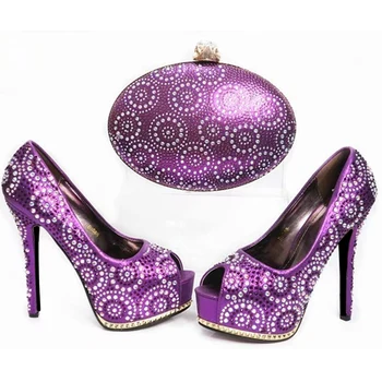 

New Arrival Purple Color Matching Women Shoes and Bag Set Decorated with Rhinestone Nigerian Women Wedding Shoes and Bag Sets