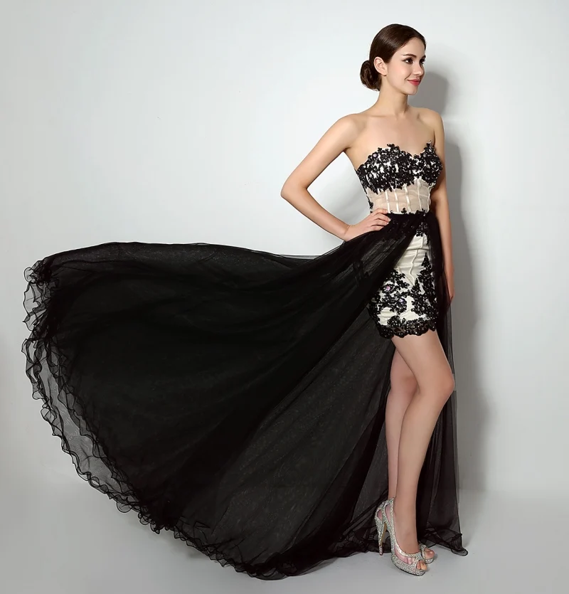 Fast Shipping 2016 Black Prom Dresses With Detachable Skirt Long Train