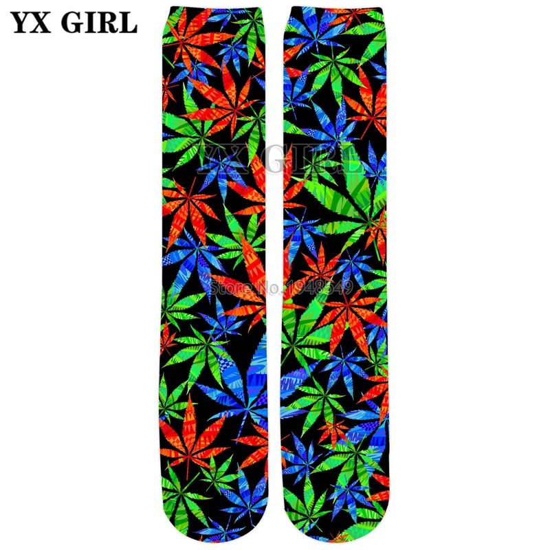 

YX GIRL Drop shipping 2018 New style Fashion Mens Sock Colorful Weeds 3D Print Knee-High Socks Men's women's casual socks